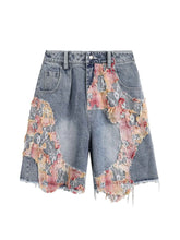 High Quality Men’s Embroidered Patchwork Baggy Jorts Distressed Washed Raw Edge Denim Shorts with Rhinestones