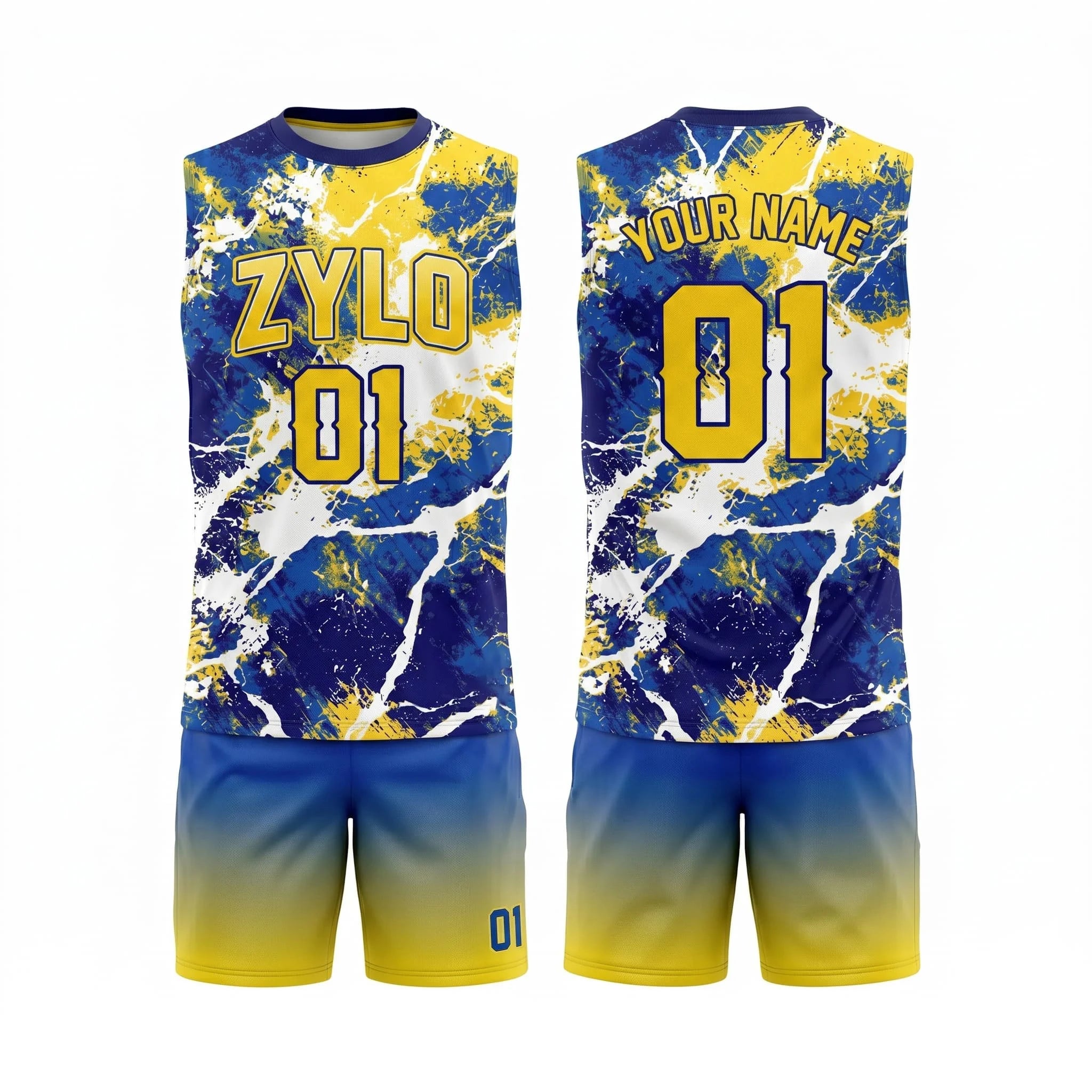 Front and back views of a customizable athletic flag football uniform set featuring a sleeveless jersey and matching shorts. The jersey has a blue, yellow, and white splatter pattern with 'ZYLO' and 'YOUR NAME' text, while the shorts have a blue-to-yellow gradient.