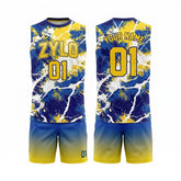 Front and back views of a customizable athletic flag football uniform set featuring a sleeveless jersey and matching shorts. The jersey has a blue, yellow, and white splatter pattern with 'ZYLO' and 'YOUR NAME' text, while the shorts have a blue-to-yellow gradient.