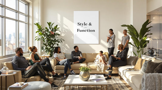 People in modern loft wearing stylish athleisure, with 'Style & Function' poster